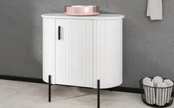 ארון אמבטיה עומד BACH - עיצוב יוקרתי בעץ מעוגל עם רגלי מתכת וכיור מונח מתנה