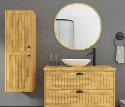 ארון אמבטיה תלוי MONZA בוצ'ר עץ מלא מחורץ + כיור מונח מתנה