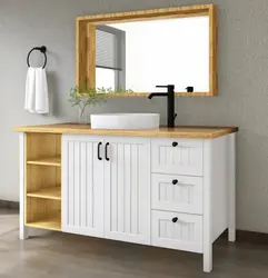 ארון אמבטיה עומד TERMOLO - עיצוב כפרי-מודרני עם משטח בוצ׳ר, מראה וכיור מונח מתנה